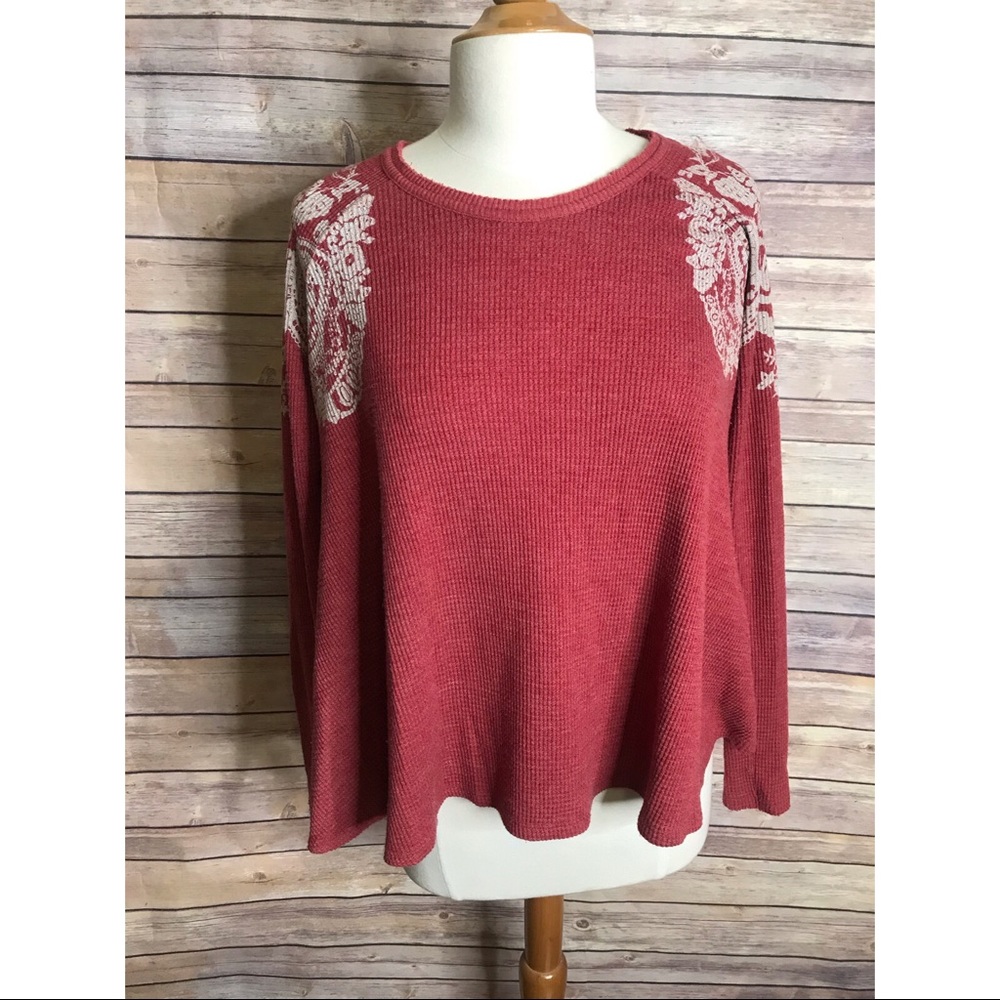 Free People Red Tan Stretchy Knit Thermal Top